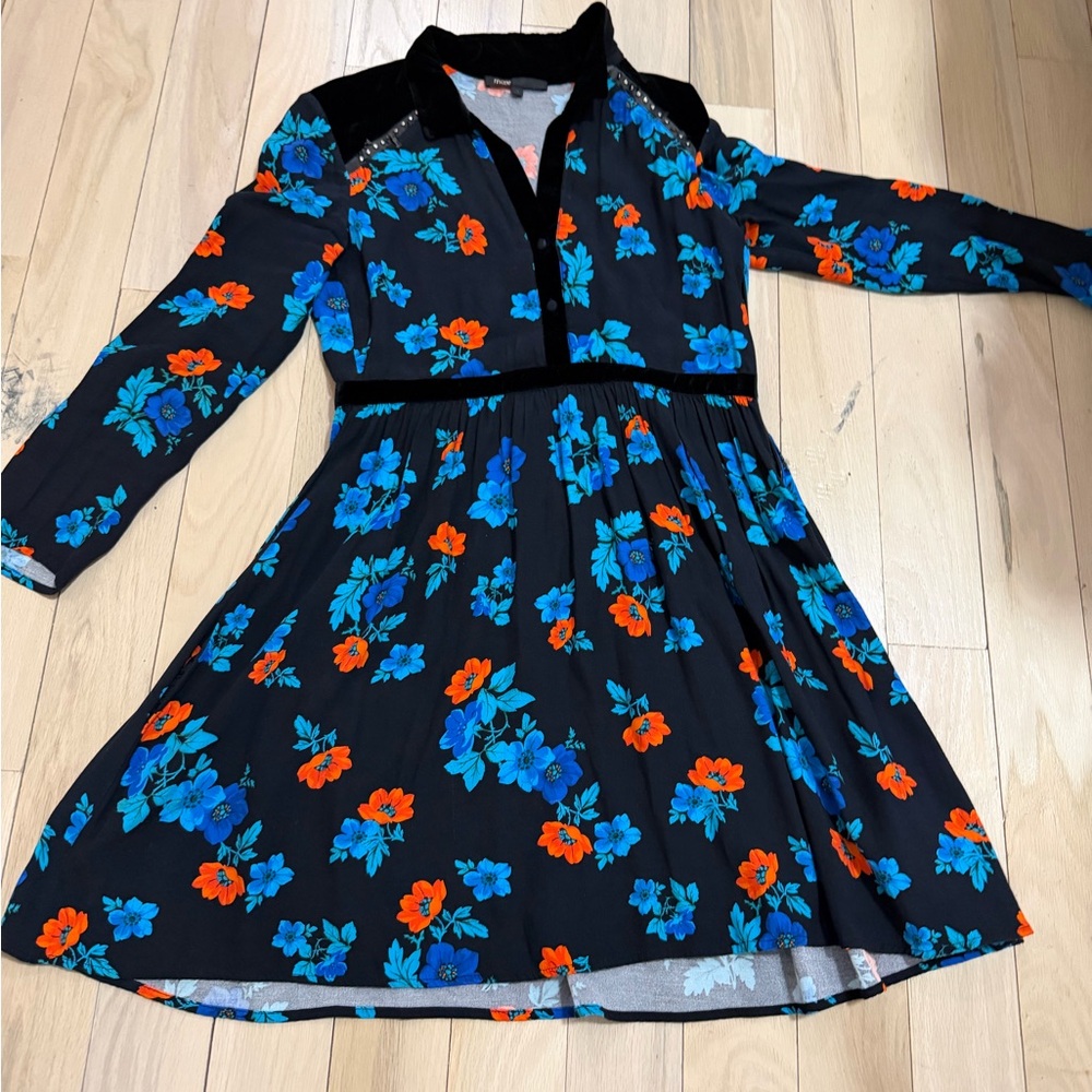 Maje Black Dress with Blue and Orange Floral Pattern